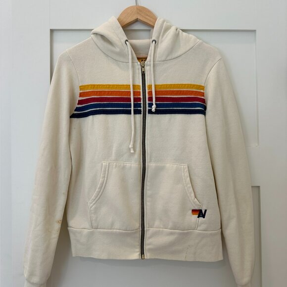 Cream-Colored Zip-Up Hoodie with Multicolored Stripes - Picture 1 of 2